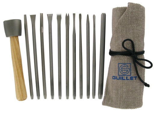[5195] GUILLET / TROUSSE N°1 SCULPTURE 11 OUTILS + 1 MASSETTE 400gr / 2 CI+3 GR+1 GOU+1 BRO+4 SPE